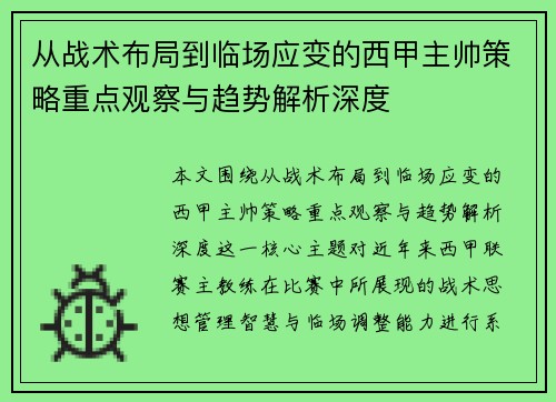 从战术布局到临场应变的西甲主帅策略重点观察与趋势解析深度