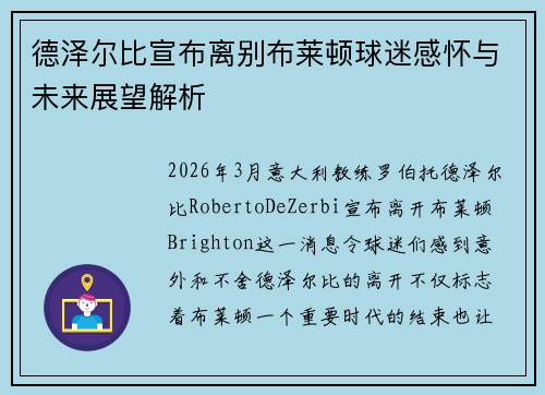 德泽尔比宣布离别布莱顿球迷感怀与未来展望解析