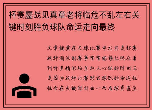 杯赛鏖战见真章老将临危不乱左右关键时刻胜负球队命运走向最终 杯赛鏖战见真章老将临危不乱左右关键时刻胜负球队命运走向最终