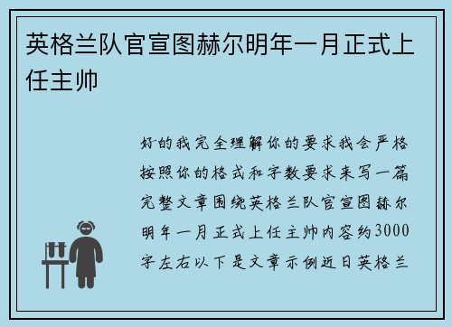 英格兰队官宣图赫尔明年一月正式上任主帅